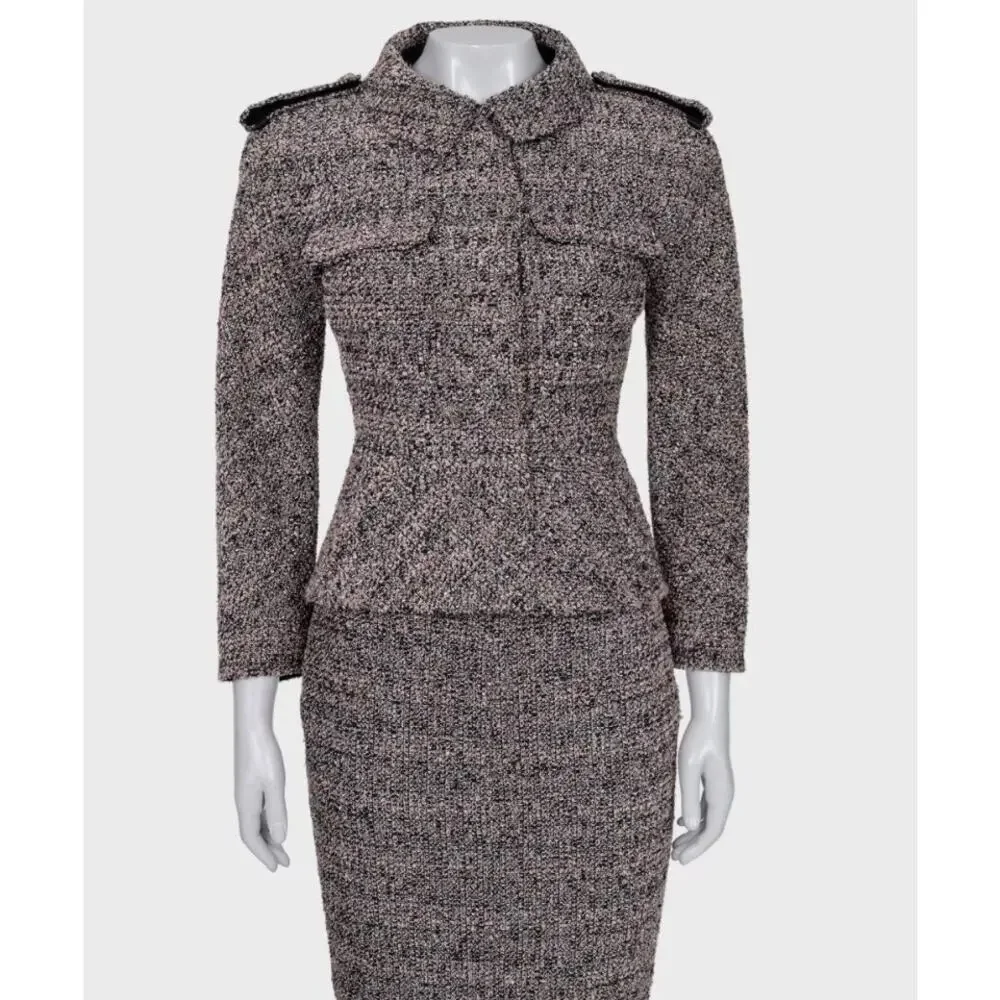 Chanel 2016 Pink Black & Silver Bouclé Wool Skirt Jacket Suit FR34
